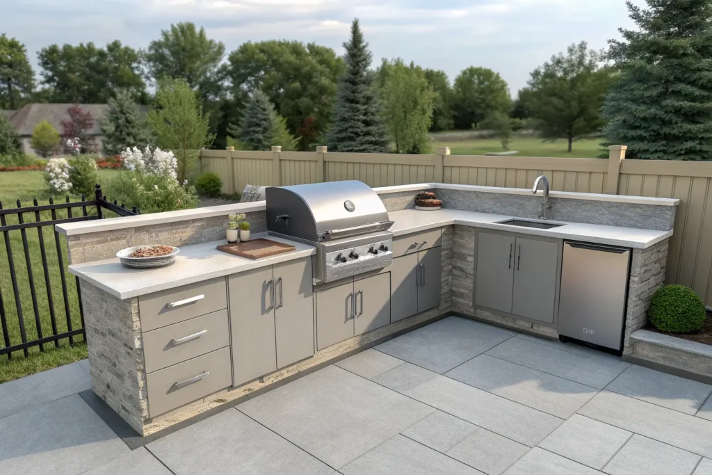 3D rendering of an L-shaped DIY outdoor kitchen design with a grill and sink.