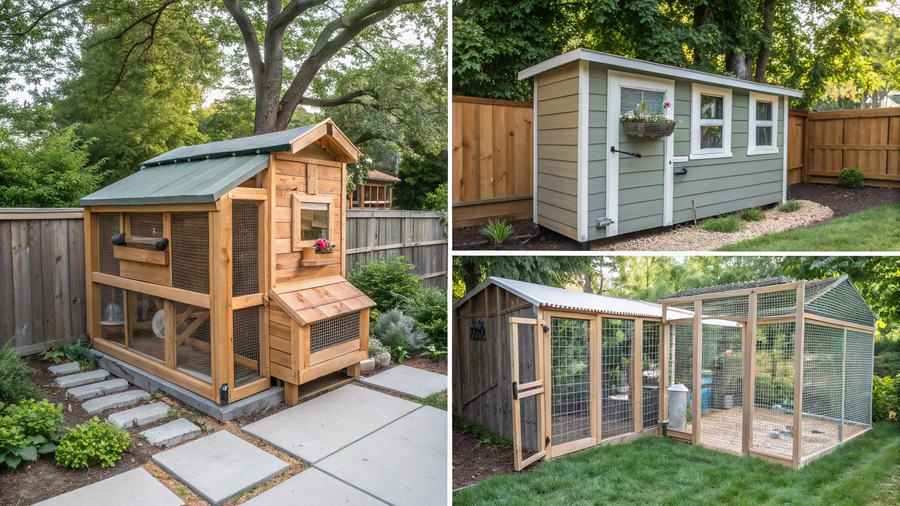 various beautiful and functional DIY chicken coop in different backyard settings.