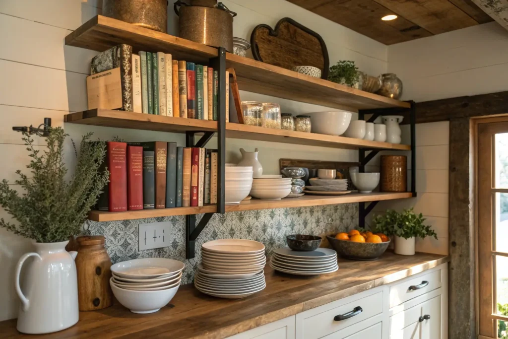 A beautifully styled open shelf in a farmhouse kitchen with curated dishes and decor.