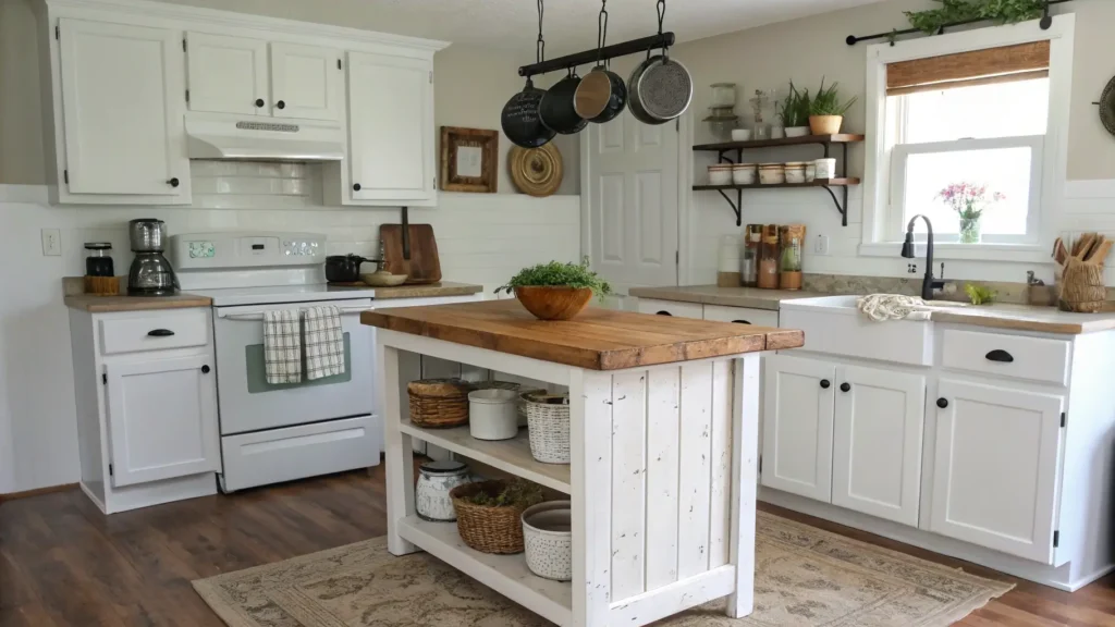 A budget-friendly farmhouse kitchen makeover, highlighting painted cabinets and a DIY island.