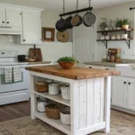 A budget-friendly farmhouse kitchen makeover, highlighting painted cabinets and a DIY island.