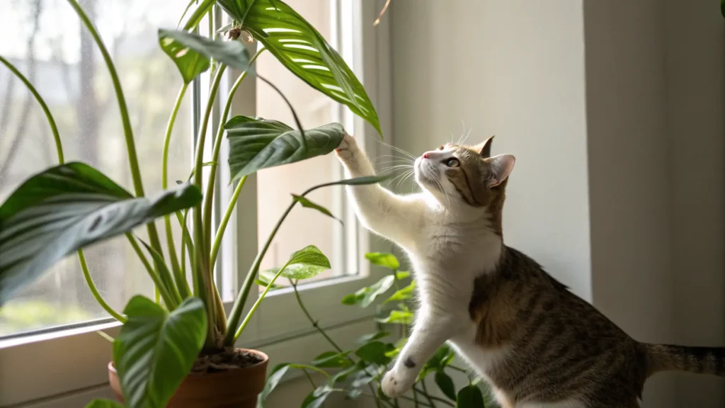 A cat batting at the moving leaves of a prayer plant, showcasing why do cats like prayer plants