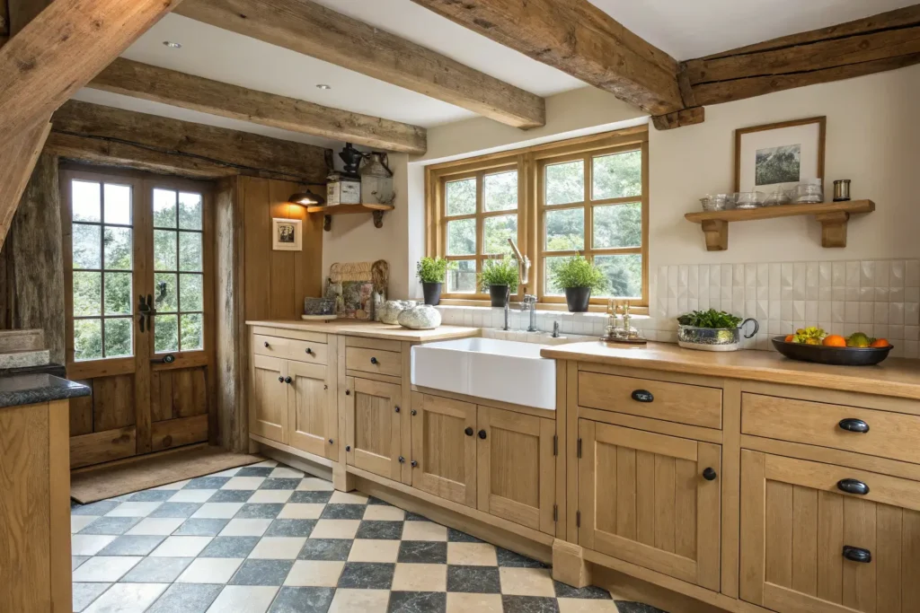 A classic farmhouse kitchen with rustic wooden beams and an apron-front sink.