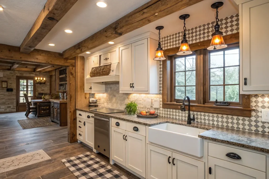 A composite image showcasing various farmhouse kitchen elements like cabinets, sinks, and lighting