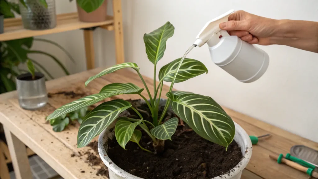 A hand fertilizing a prayer plant with a liquid fertilizer solution.