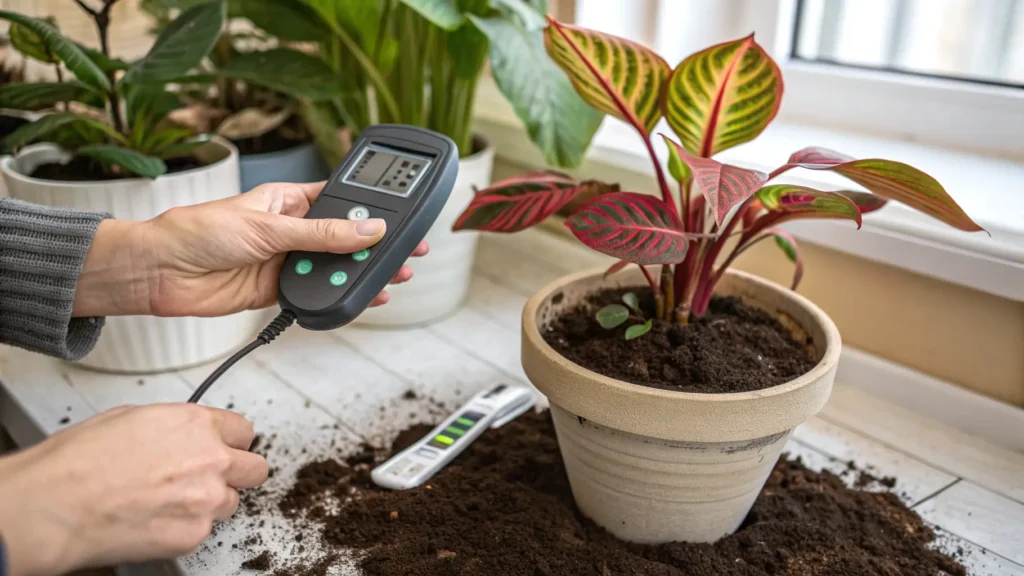 A hand performing the finger test on a Prayer Plant's soil, next to a soil moisture meter reading.