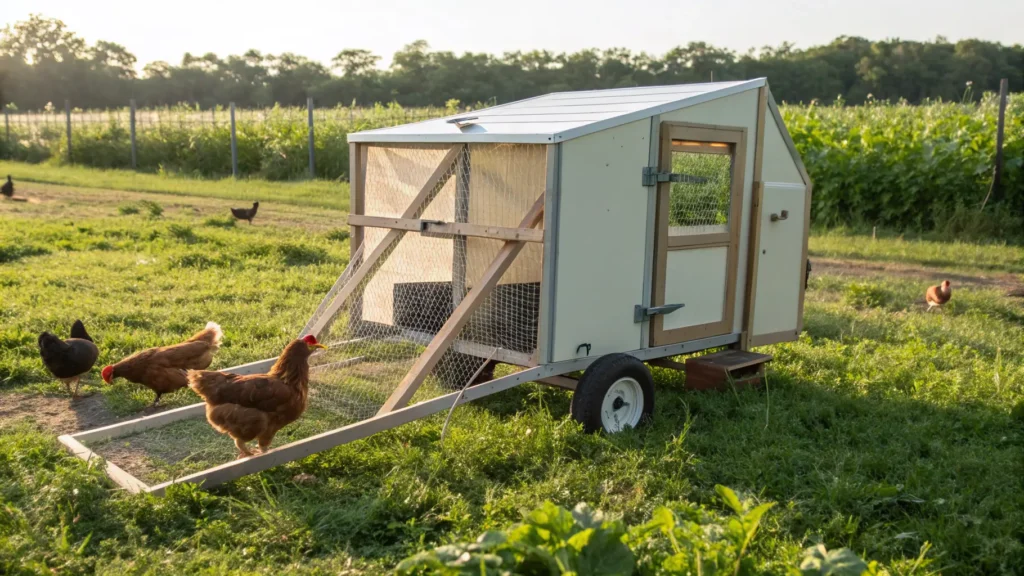 A mobile low-cost chicken tractor coop, allowing chickens to forage fresh grass daily.