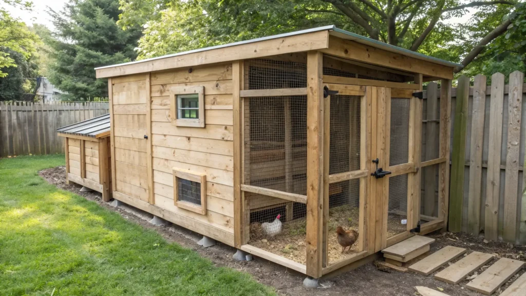 A practical, budget-friendly shed chicken coop with a spacious run, built from reclaimed wood.