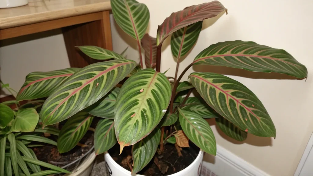 A Prayer Plant Blooming with dull leaves showing signs of insufficient light.