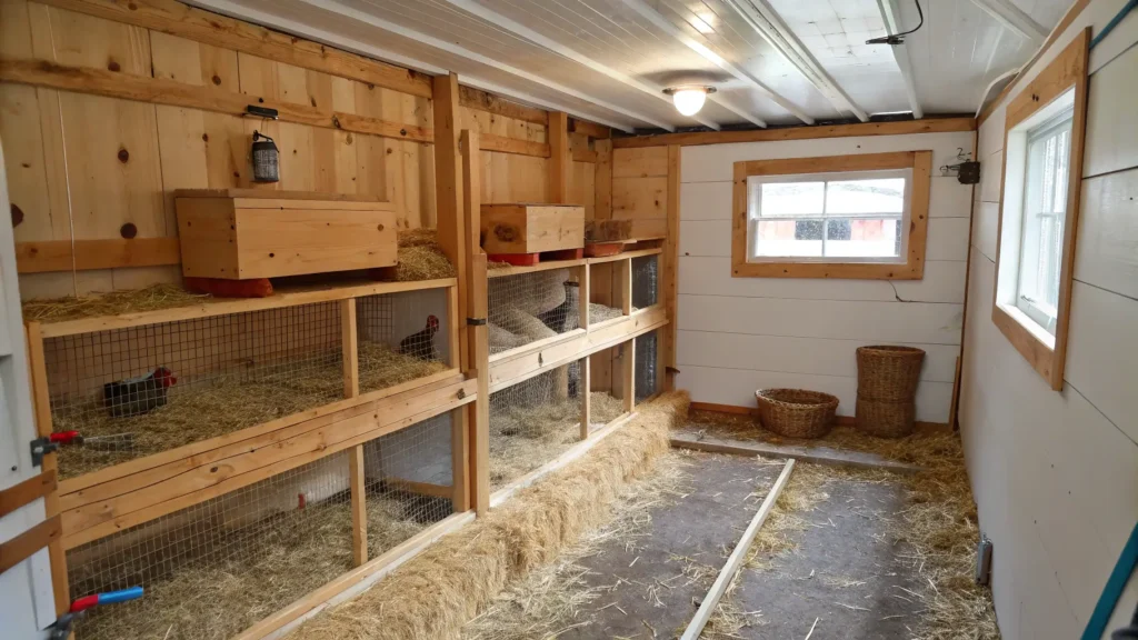 A pristine, low-cost DIY chicken coop interior, demonstrating proper cleaning and maintenance for chicken health.