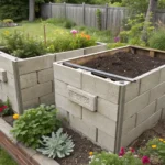 A robust cinder block DIY compost bin with two bays, integrated into a garden landscape.