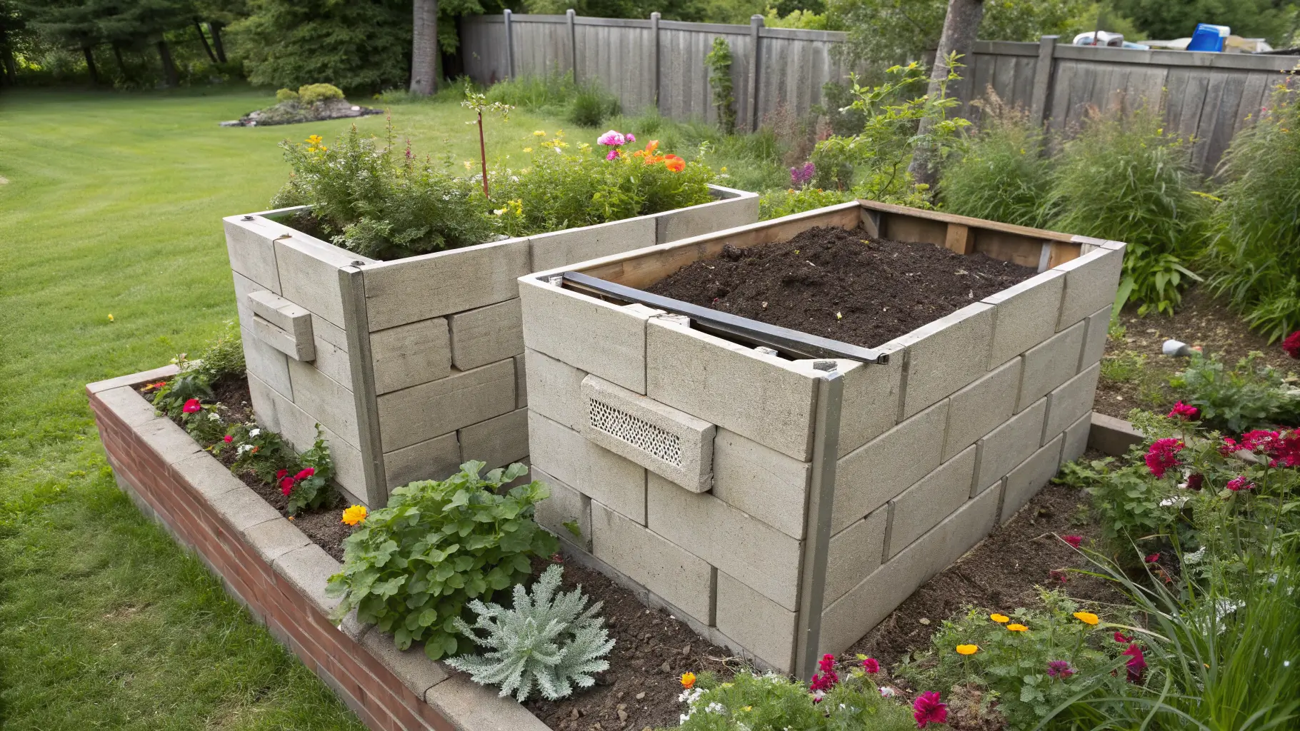 A robust cinder block DIY compost bin with two bays, integrated into a garden landscape.