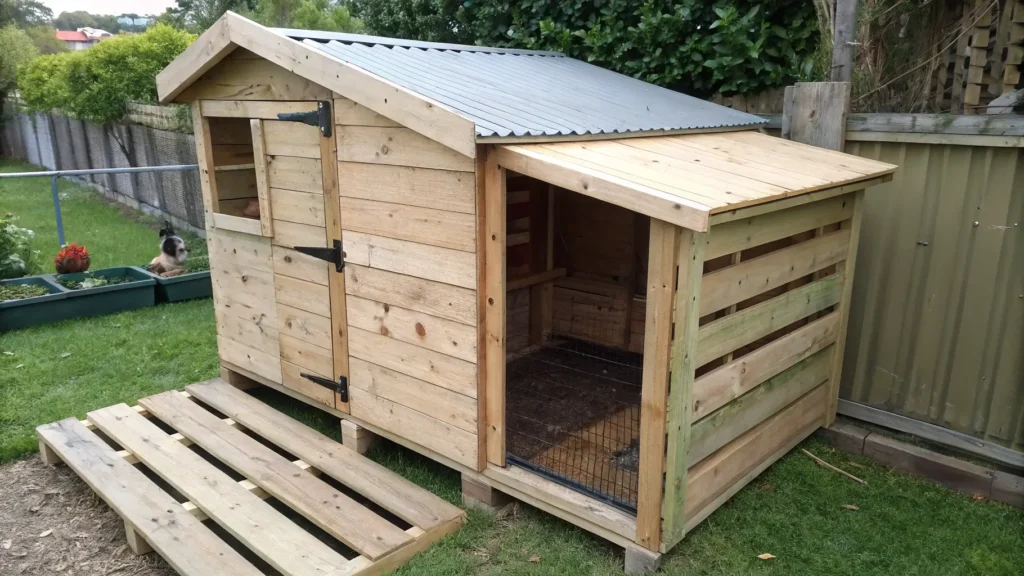 A robust low-cost DIY chicken coop crafted primarily from free wooden pallets.