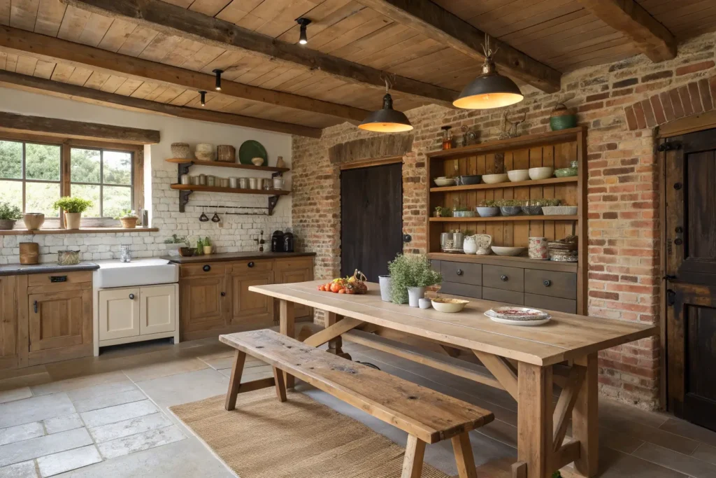A rustic farmhouse kitchen featuring exposed brick, raw wood shelves, and a large wooden dining table