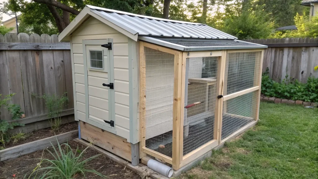 A securely installed 1/2-inch hardware cloth on a low-cost DIY chicken coop, demonstrating effective predator proofing.
