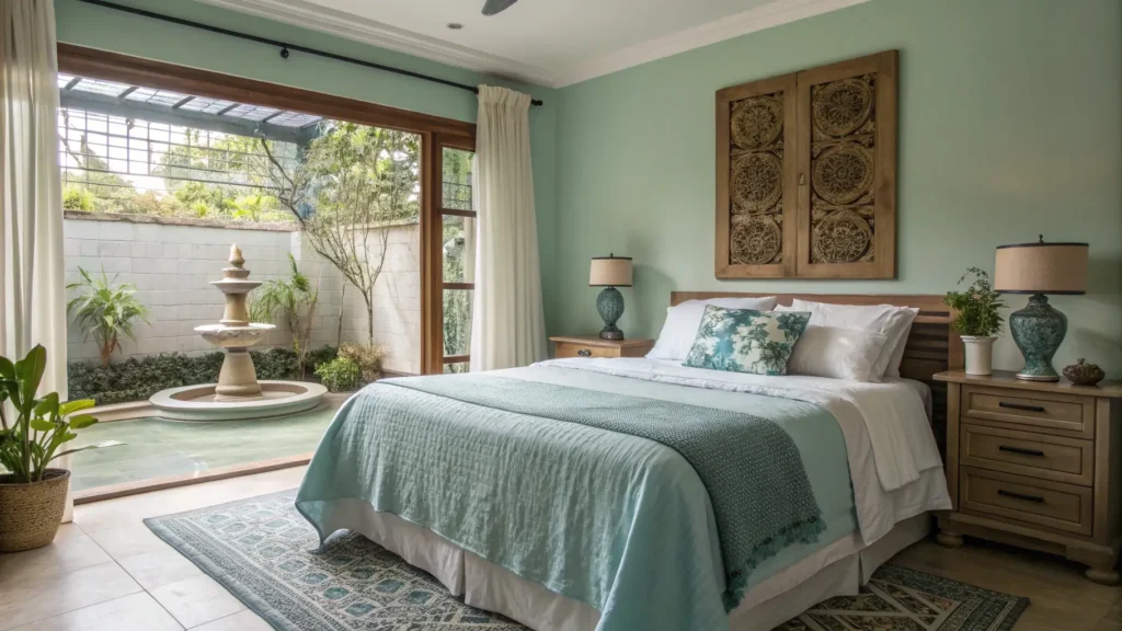 A serene bedroom with a perfectly placed bed according to Feng Shui principles.