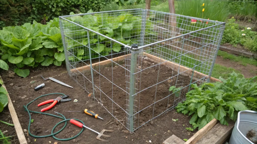 A simple wire mesh DIY compost bin being assembled in a garden.