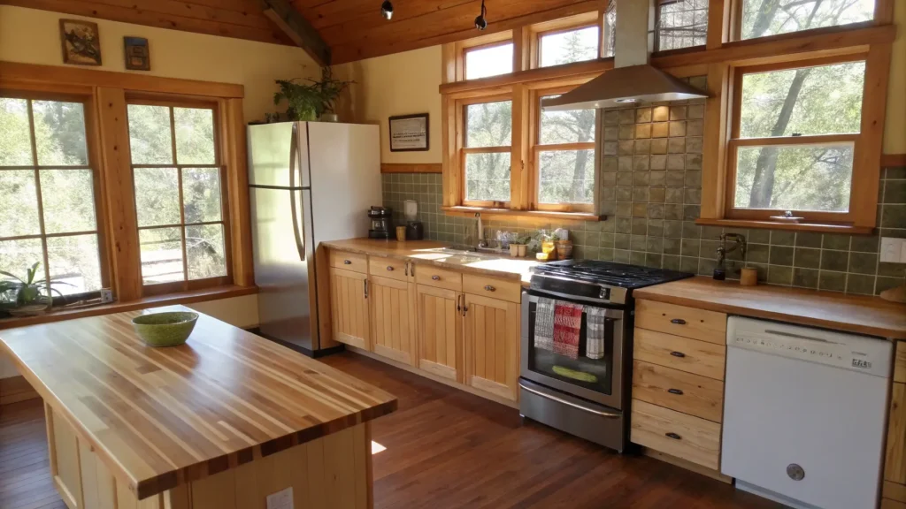 A sustainable farmhouse kitchen with bamboo countertops and energy-efficient appliances