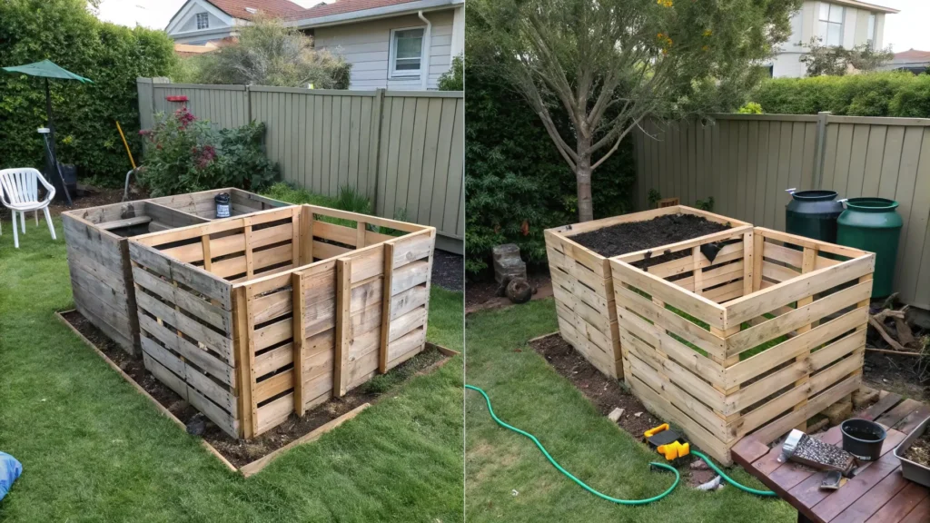 A time-lapse video of a 3-bin pallet DIY compost system being built in a backyard.