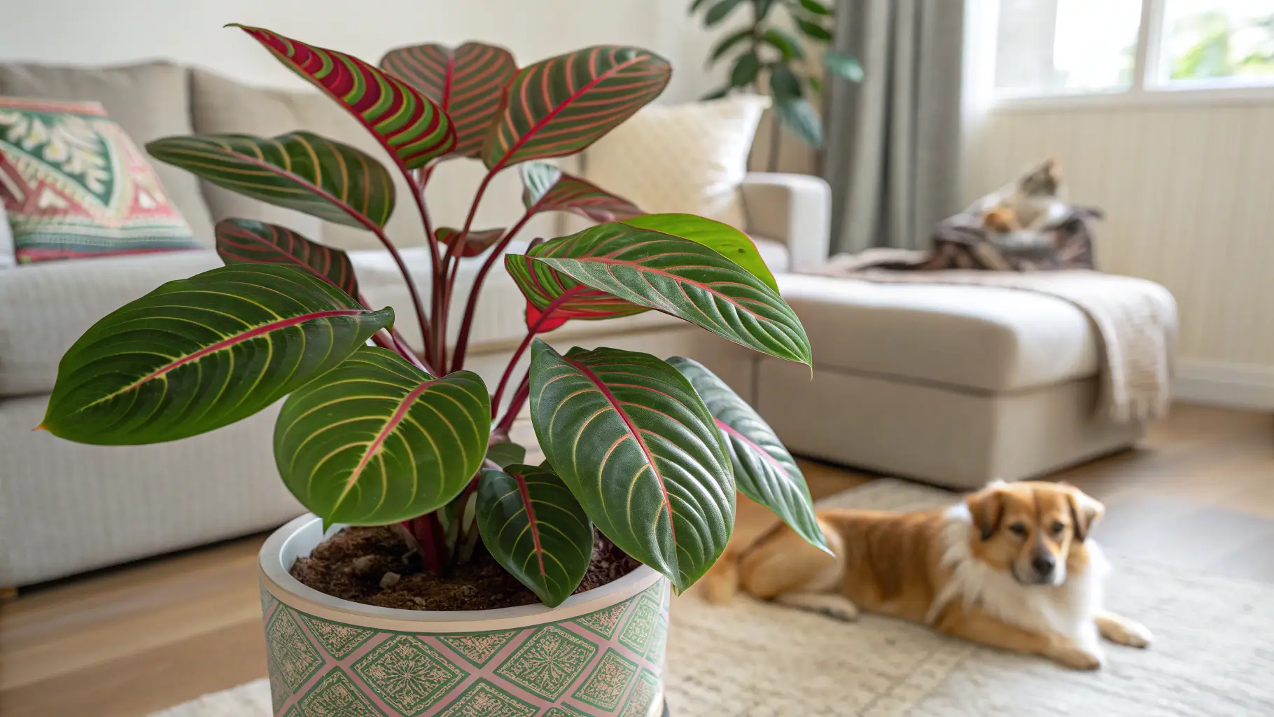 A vibrant Maranta leuconeura (Red Vein Prayer Plant) in a living room with a cat and dog relaxing nearby, emphasizing pet-safe environment . Are All Prayer Plants Pet Safe