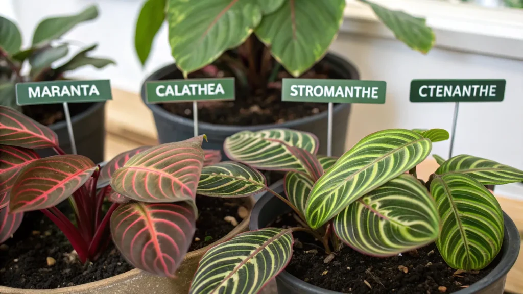 A visual guide to pet-safe prayer plant varieties including Maranta, Calathea, Stromanthe, and Ctenanthe leaves. Are All Prayer Plants Pet Safe