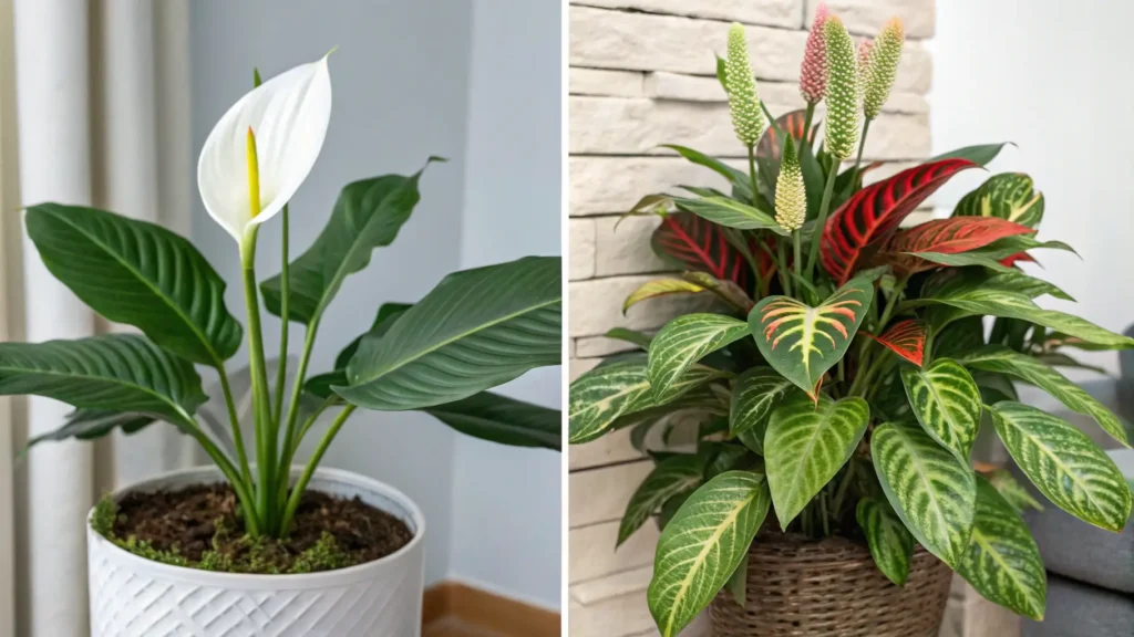 Side-by-side comparison of a toxic Peace Lily flower and a non-toxic Prayer Plant leaf, highlighting visual differences for pet owners. Are All Prayer Plants Pet Safe