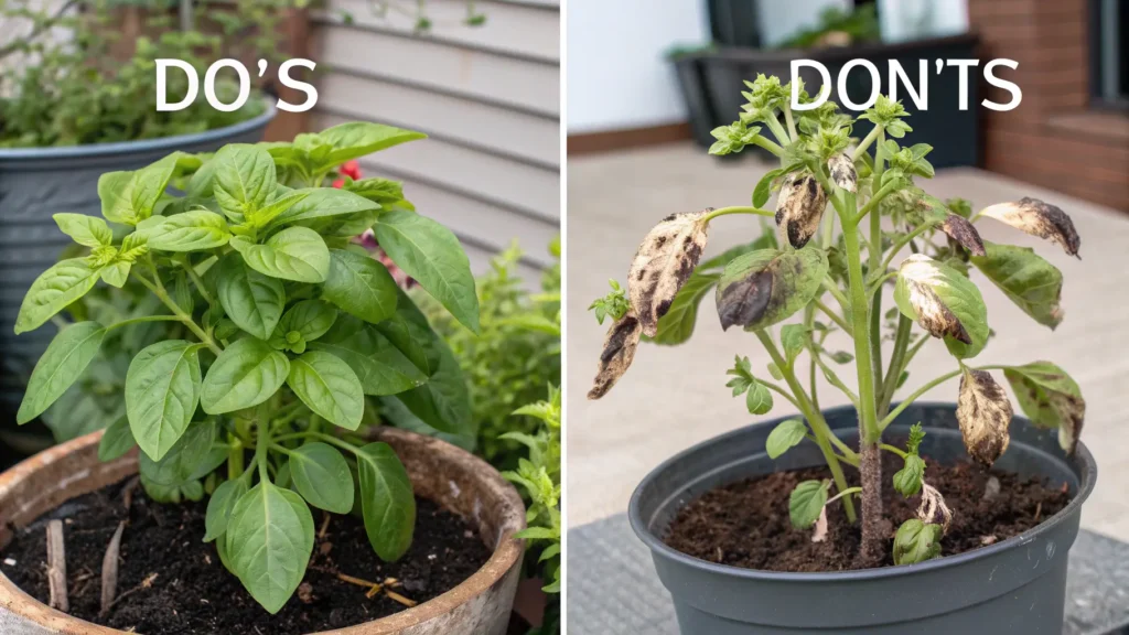 Do's and Don'ts" showing a healthy plant about to bloom vs. a stressed plant with visible issues.