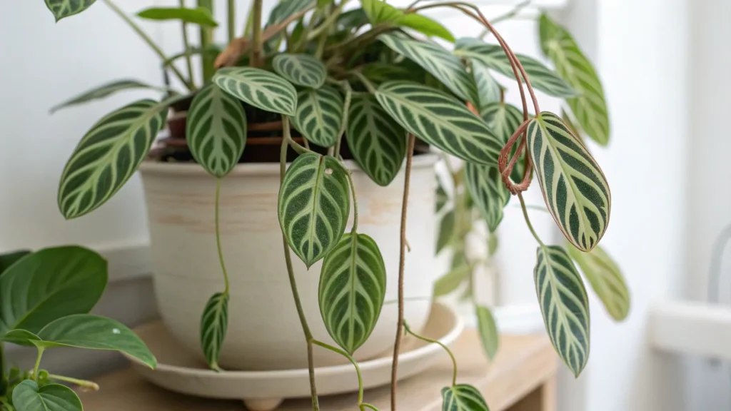 Annotated image of a prayer plant showing symptoms of drooping leaves.