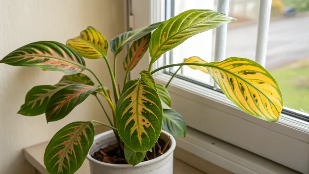 Annotated image of a prayer plant showing symptoms of yellowing leaves.