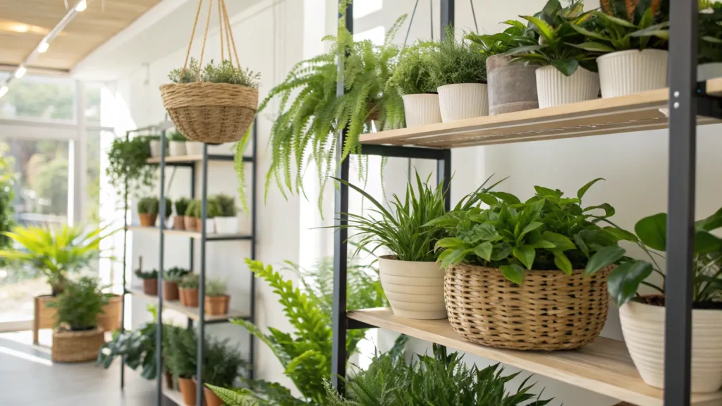 A beautifully pet-proofed living space showing safe plant placement with pet-friendly houseplants out of reach