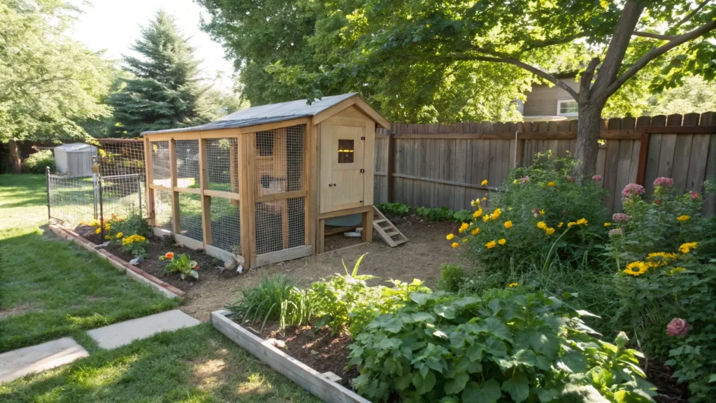 A thoughtfully located low-cost DIY chicken coop, demonstrating ideal sun, shade, and drainage for backyard chickens.