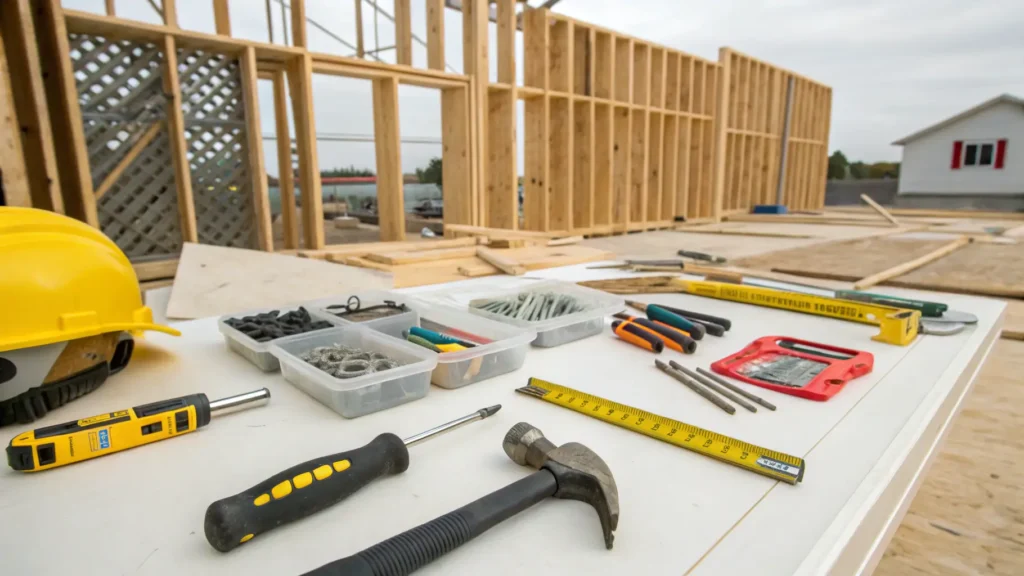 Essential tools and materials for building a low-cost DIY chicken coop from pallets and reclaimed wood.