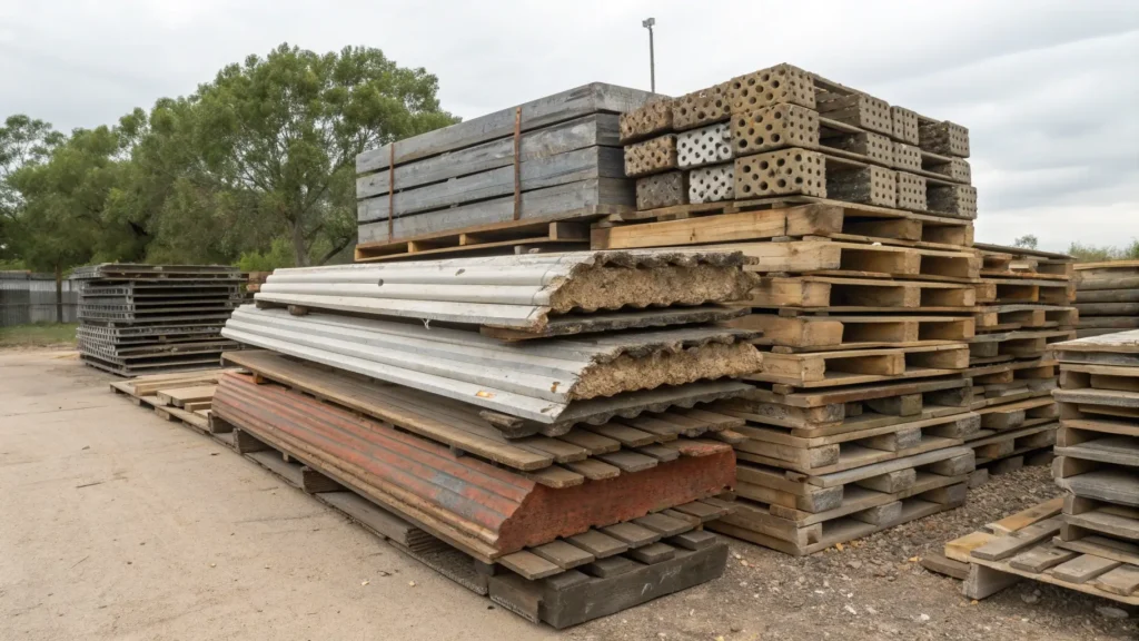 A collection of free and low-cost DIY chicken coop materials, including heat-treated pallets and reclaimed wood.