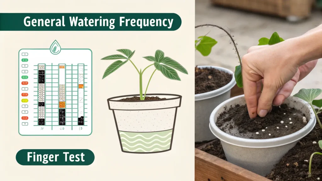 Infographic showing how often to water a Prayer Plant and the finger test method.