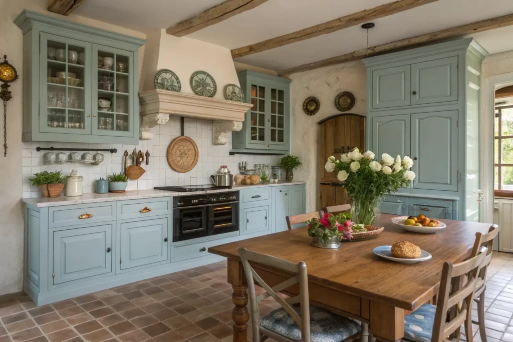 An elegant French farmhouse kitchen with soft blue cabinets and antique details.