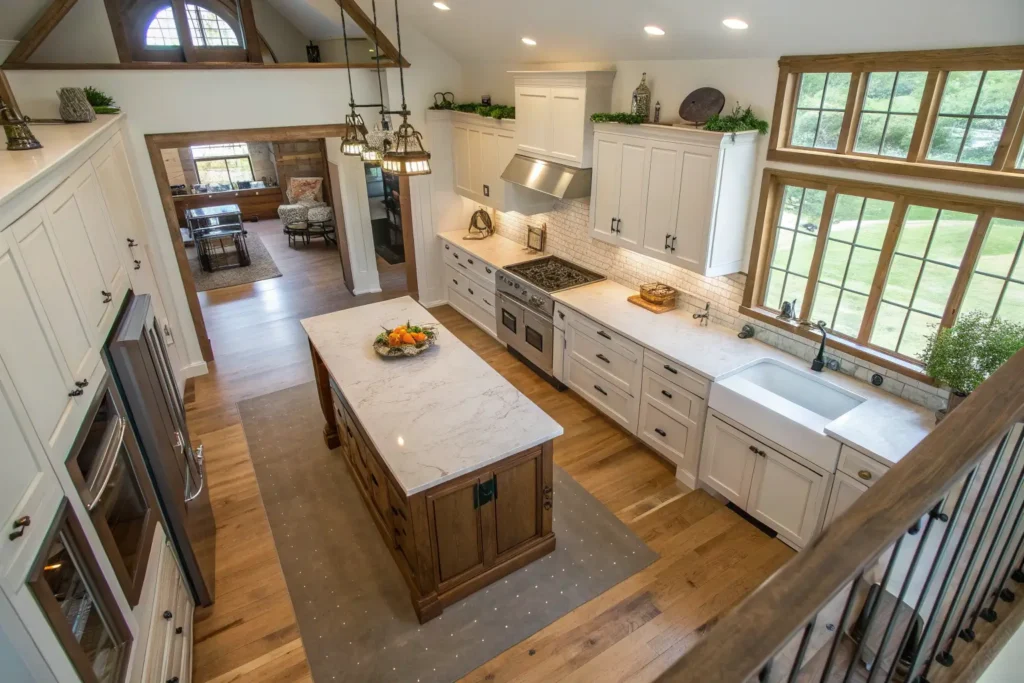 An overhead diagram showing an optimized kitchen workflow in a farmhouse kitchen layout.