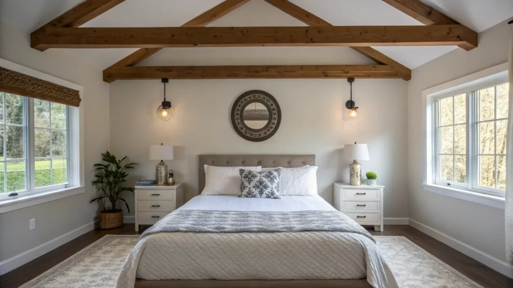 bedroom with an overhead beam, showing a Feng Shui remedy applied.