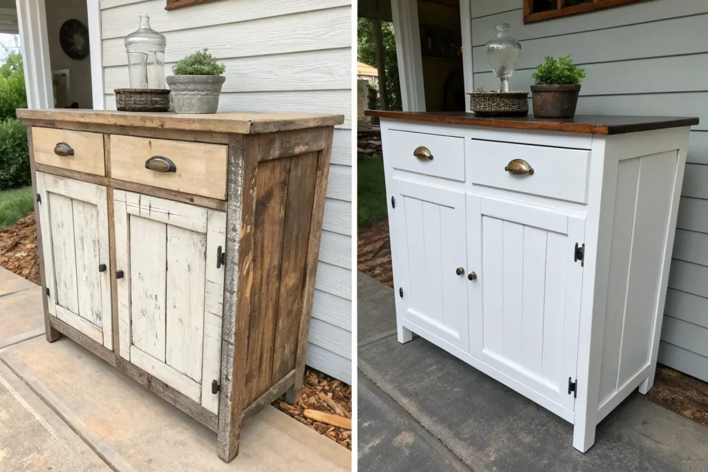 Add a "Before & After" snippet here for cabinet refacing. Alt text: "Before and after comparison of old cabinets transformed into a farmhouse style.