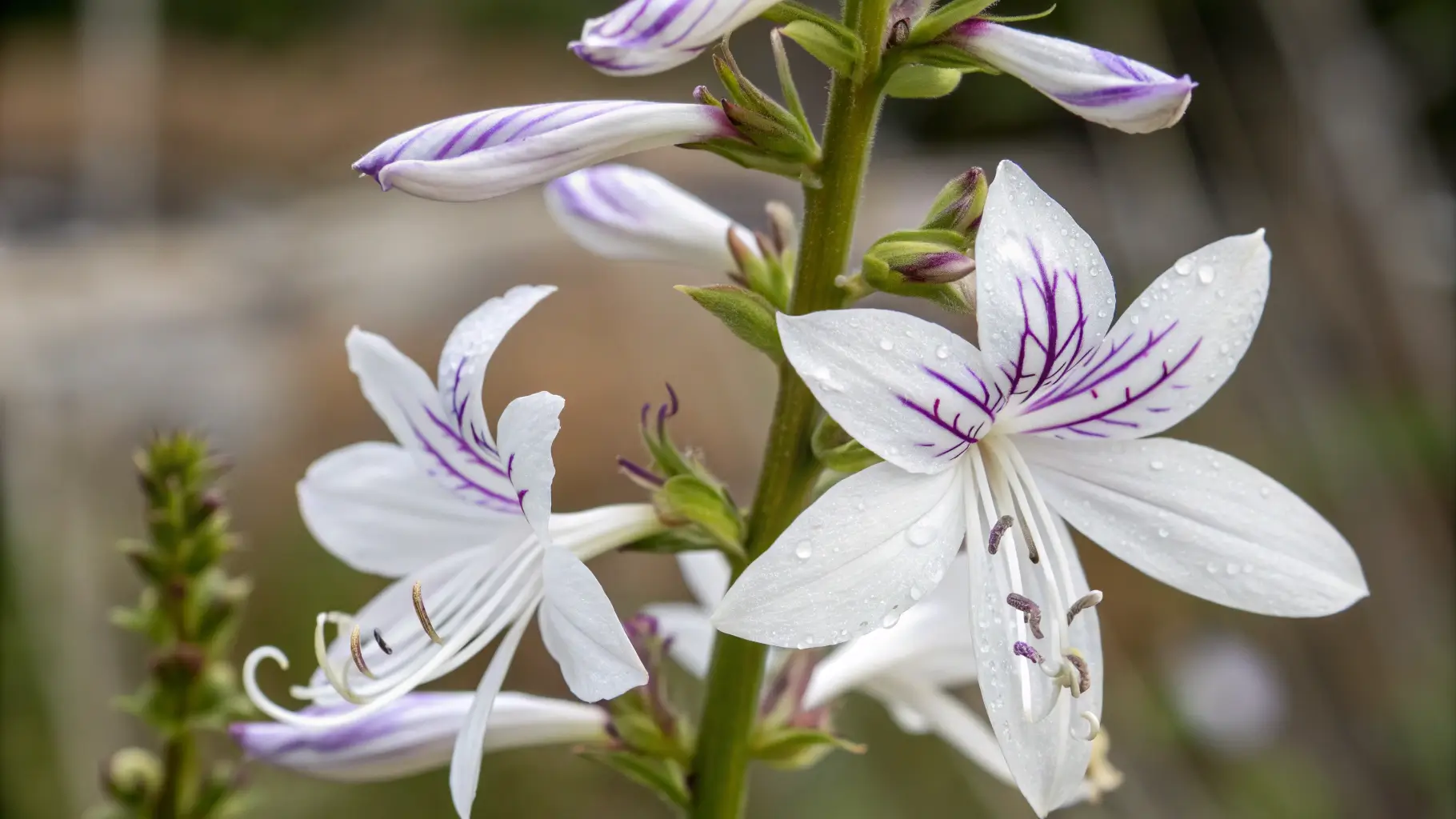 Close-up of a delicate white Prayer Plant Blooming flower with purple markings on a slender stalk