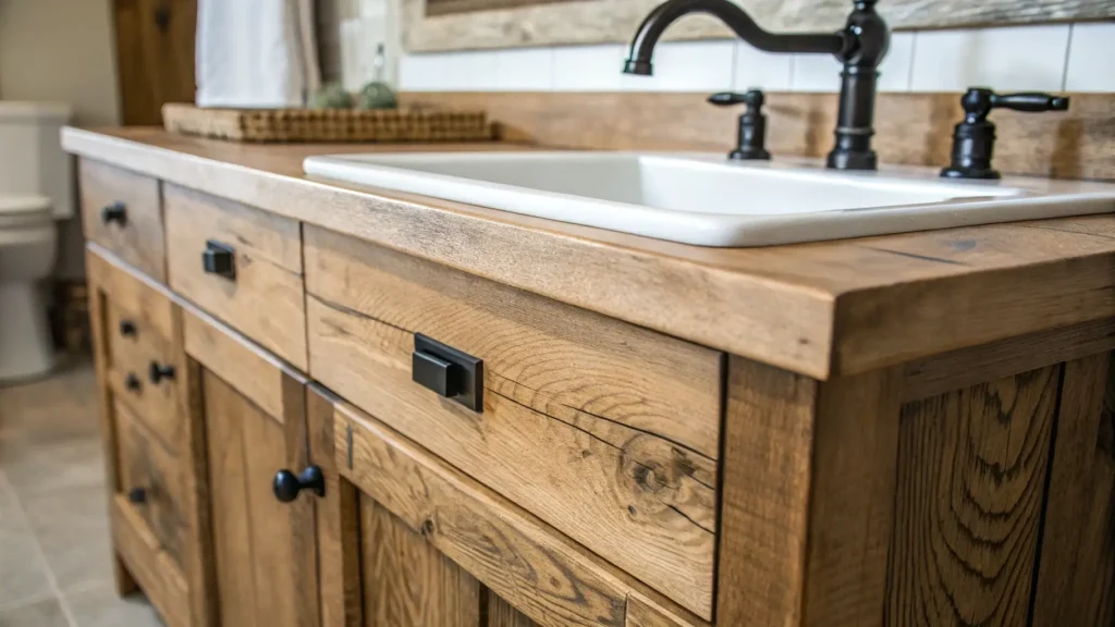 Close-up of a rustic wooden vanity with an apron front sink and matte black faucet.Farmhouse Bathroom Ideas
