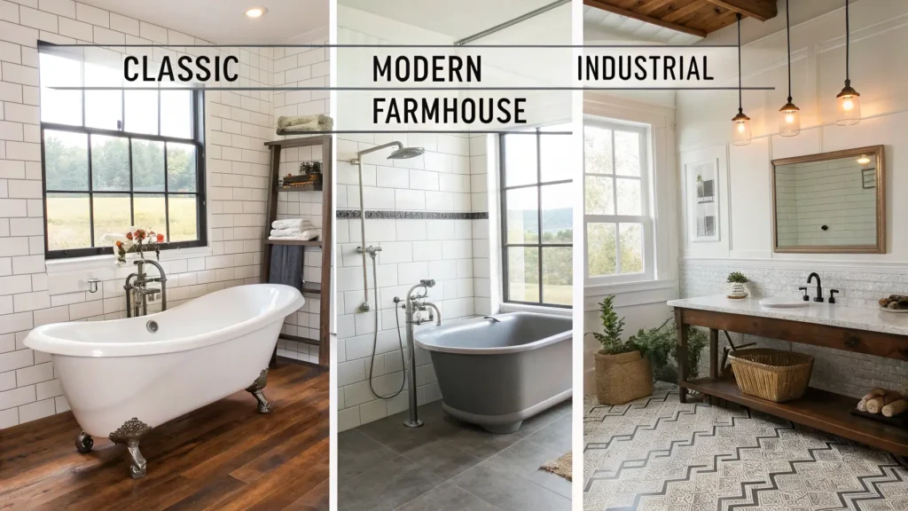 Comparison chart of classic, modern, and industrial farmhouse bathroom styles. Farmhouse Bathroom Ideas