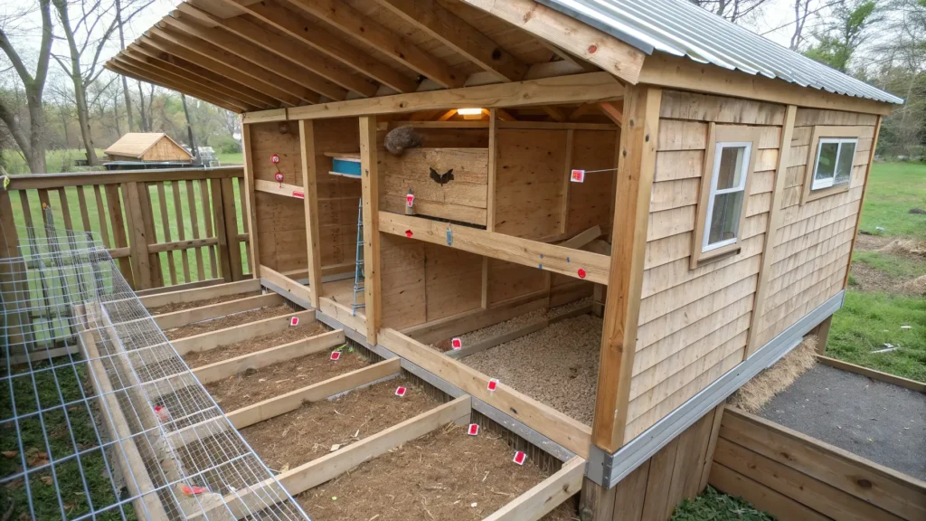 Detailed 3D diagram showing ideal placement of nesting boxes, roosting bars, and ventilation in a DIY chicken coop