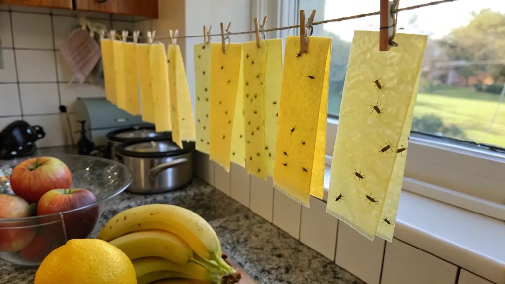 DIY vinegar fly paper strips hanging up to catch fruit flies.