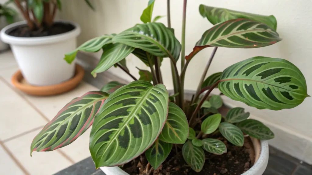 Annotated image of a prayer plant showing symptoms of curling leaves.