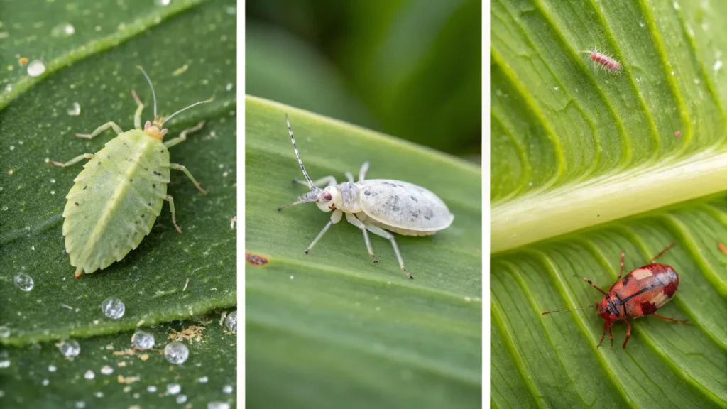 Close-up images of common prayer plant pests: spider mites, mealybugs, and aphids.