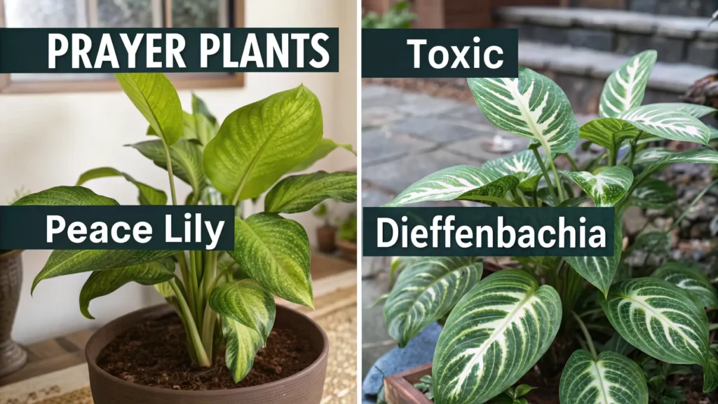 Infographic comparing pet-safe prayer plants with toxic lookalike plants like Peace Lily and Dieffenbachia, highlighting key differences