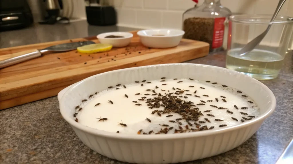 Milk, sugar, and pepper fruit fly trap in a shallow dish. DIY Fruit Fly Traps