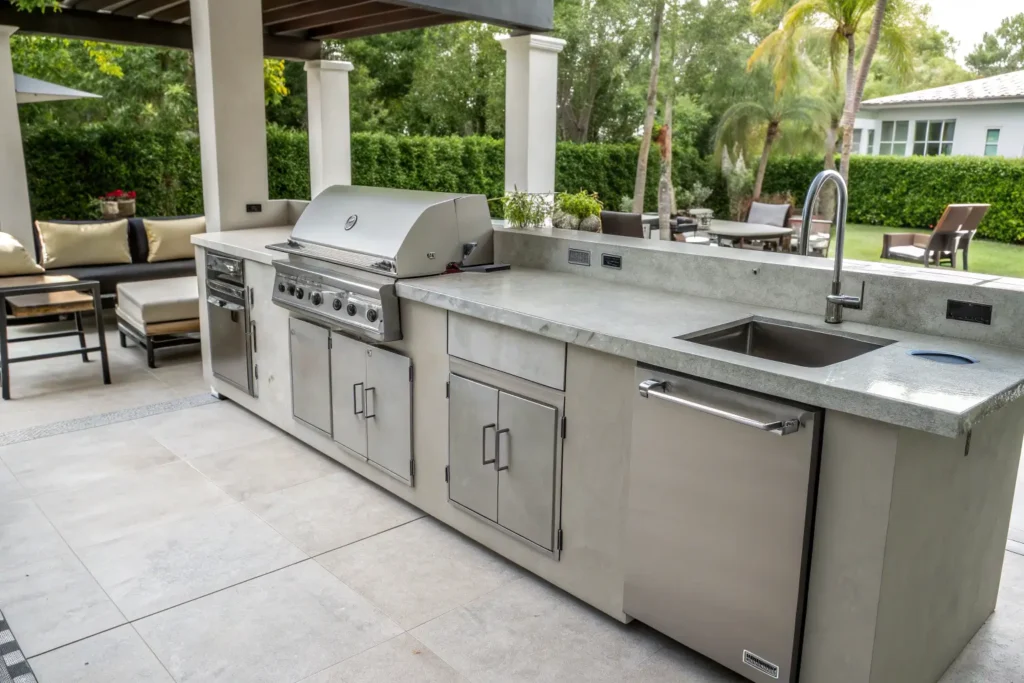 Modern DIY outdoor kitchen with stainless steel appliances and concrete countertops.