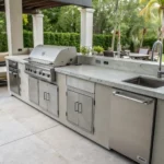 Modern DIY outdoor kitchen with stainless steel appliances and concrete countertops.