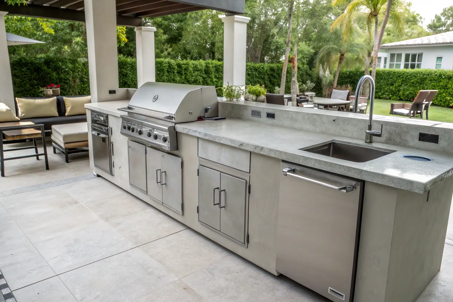 Modern DIY outdoor kitchen with stainless steel appliances and concrete countertops.